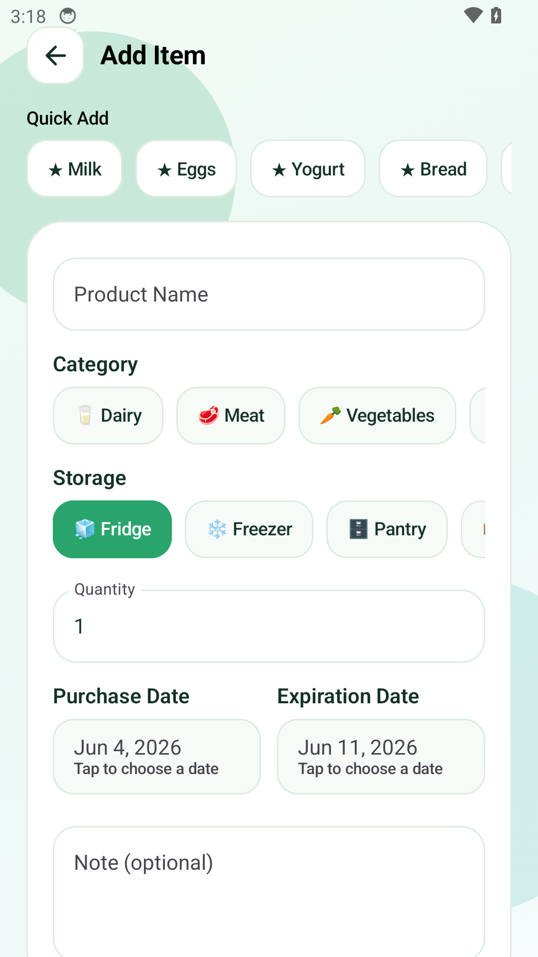 Add item screen