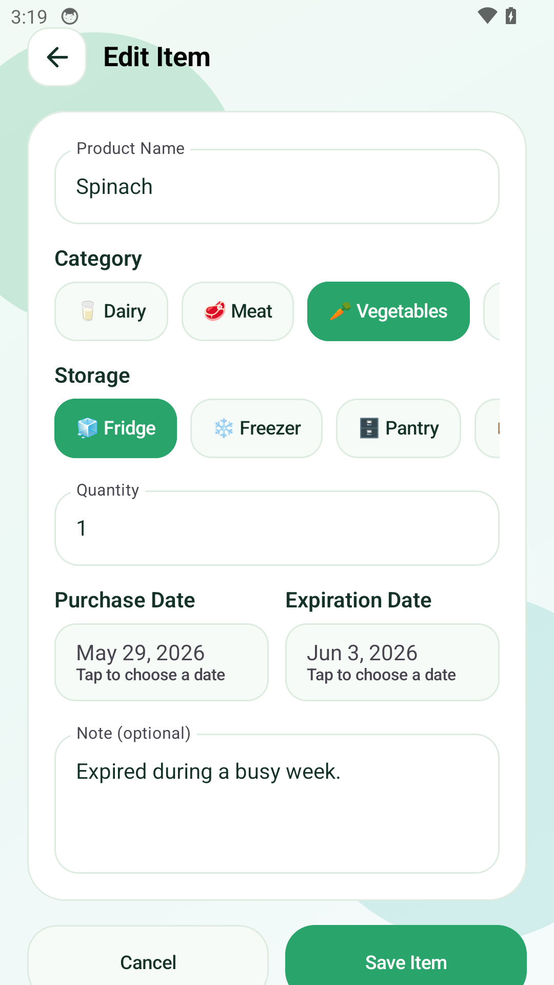 Edit item screen